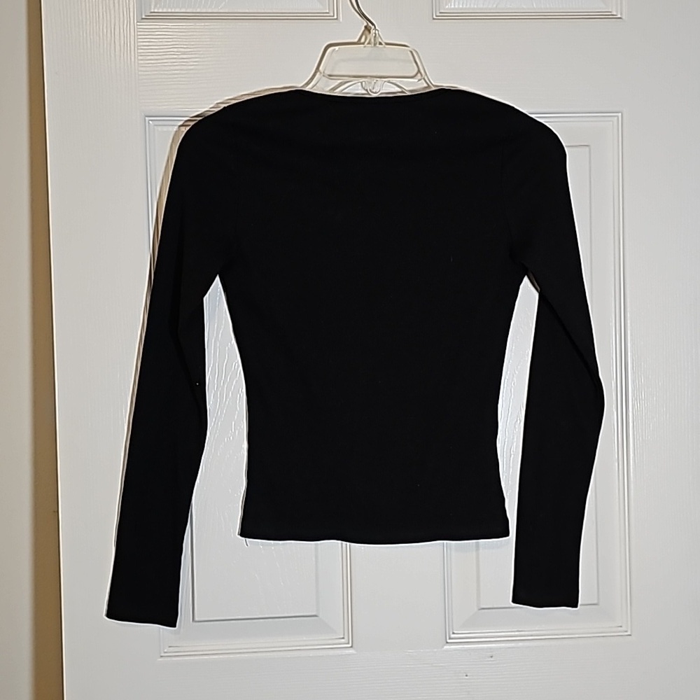 Grunge y2k Black V-neck Long Sleeve Ribbed Rhinestone Top Size L - Picture 2 of 6